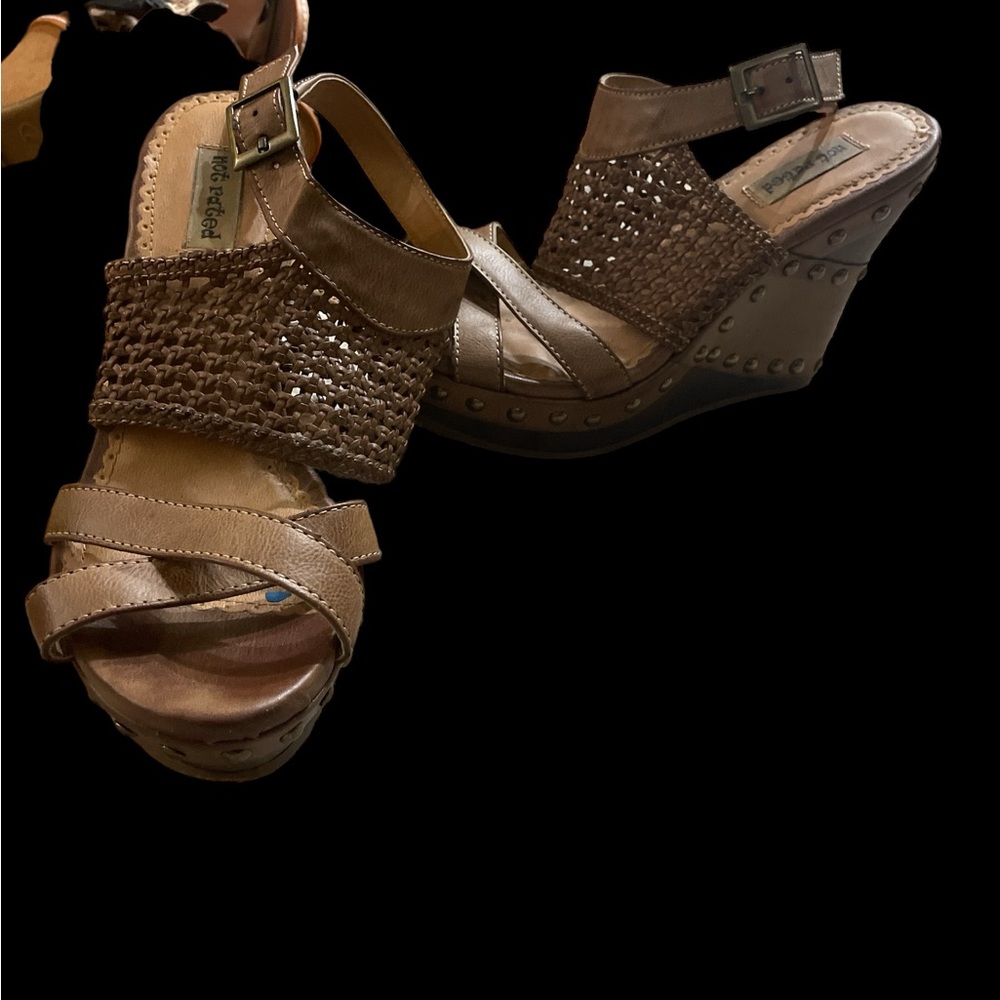 Not Rated brown cane wicker nailhead buckle wedges 7 boho